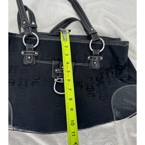 Etienne Aigner Black Logo Jacquard & Faux Leather Shoulder Bag With Buckle Accen - Picture 9 of 11